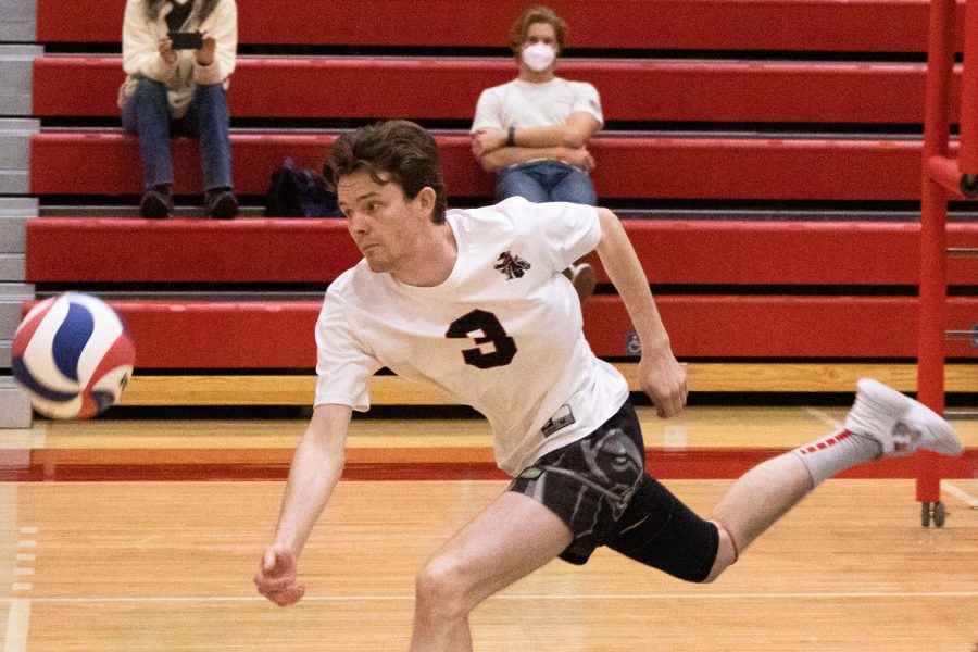 City College outside hitter Jack McManus, 3, sprints to save a stray ball from hitting the ground during a game against LA Pierce College on March 30 at the sports pavilion in Santa Barbara, Calif. City College swept LA Pierce 3-0.