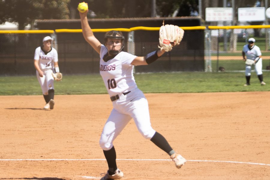Lauren Indermuehle winds up for a pitch during a game with Oxnard College on April 5, at Pershing Park in Santa Barbara, Calif. City College lost to Oxnard 12-8.