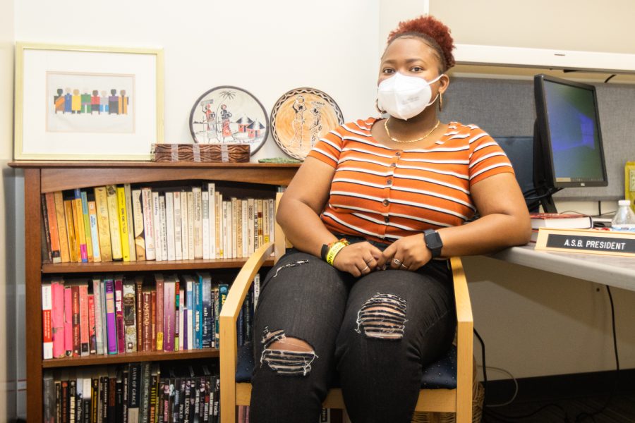 Associated Student Government President Allegra Kabukapua Kalombo relaxes in her student services building office on March 30 at City College in Calif. Kabukapua Kalombo moved to Santa Barbara specifically to attend City College.