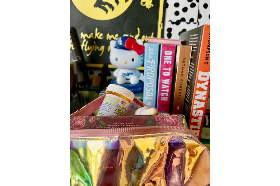The orange medicine bottle holding Bianca Ascencio's depression medication stored in a makeup bag on March 30, 2022 in Carpinteria, Calif.