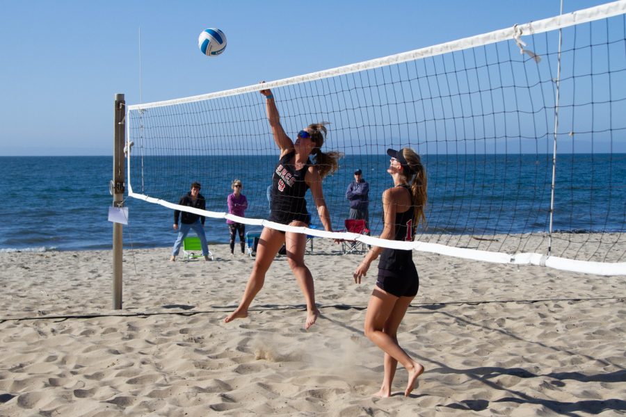 Irey Therese Sandholt, No. 9, attacks for City College on Friday, April 15 at East Beach in Santa Barbara, Calif. The duo of Sandholt and Karoline Ruiz, No. 12, won 21-11, 22-20 at the No. 3 spot against Moorpark College.