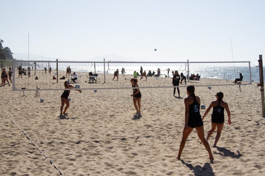 A general view of the volleyball courts at East Beach as City College hosts Moorpark College on Friday, April 15 at East Beach in Santa Barbara, Calif. The Vaqueros swept Moorpark College 5-0 in a Western State Conference match.