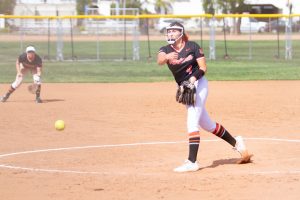 Ventura College pitcher Ashlyn Flinchum faces the final batter as shortstop Abby Strong watches during her five inning no-hitter against City College on Thursday, April 21 at Pershing Park in Santa Barbara, Calif. The freshman notched 10 strikeouts and allowed four walks in the Pirates 13-0 win.