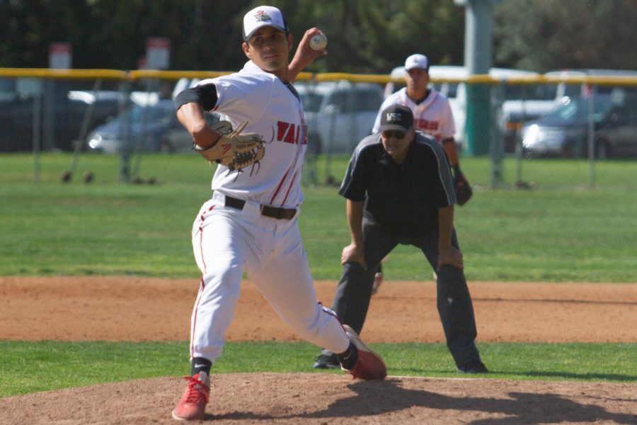 City College reliever Aiden Garza throws during the Vaqueros Western State Conference-North game on Wednesday, March 30 at Pershing Park in Santa Barbara, Calif. Garza finished with 6.1 innings pitched, allowing 7 hits, 4 runs and 2 earned runs in City College's 7-3 loss to Moorpark College.