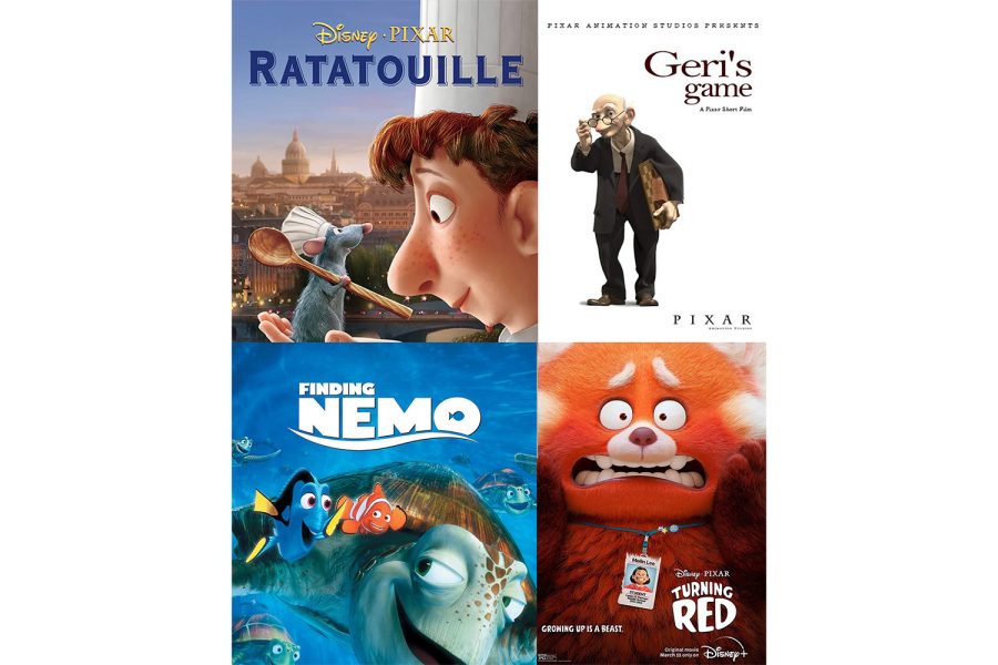 Clockwise from top left, Movie posters for Pixar animated movies Ratatouille (2007), Geris Game (1997), Turning Red (2022) and Finding Nemo (2003).