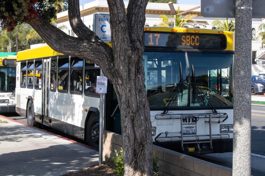 Line 17 waits to board passengers at Zone C on the corner of Figueroa St and Chapala St at the Santa Barbara MTD Transit Center on Monday, April 25 in Santa Barbara, Calif. Certain lines will be experiencing reductions in services effective April 25, including the direct line to City College, Line 16, is temporarily suspended.