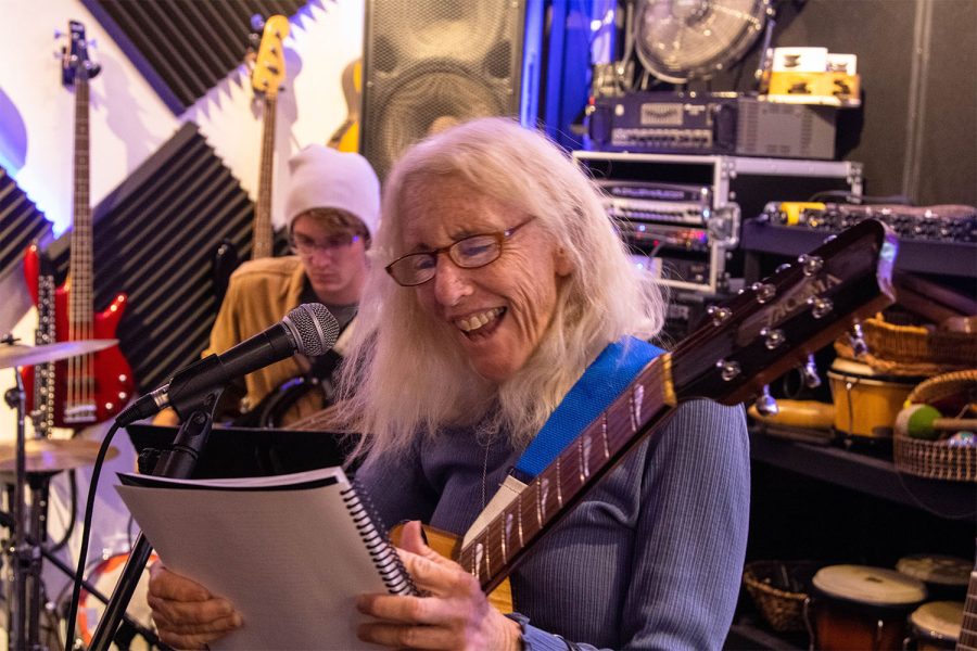 Nancy Gould takes the vocals for Aint No Sunshine by Bill Withers during a session at JAMS on Wednesday, April 20 in Santa Barbara, Calif. JAMS offers a space for members of the Santa Barbara community to play music regardless of skill level.