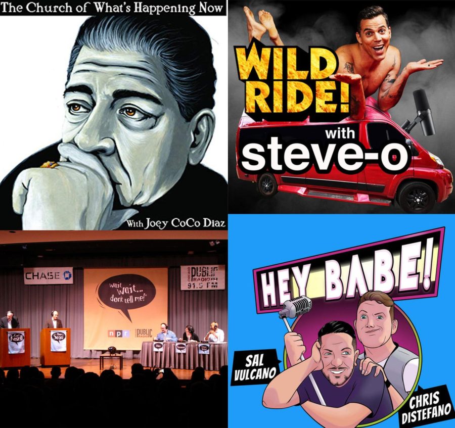 Clockwise from top left, logo of “The Church of What’s Happening Now: With Joey CoCo Diaz” from Audible, logo of “Steve-O’s Wild Ride” from Spotify, logo of “Sal and Chris Present: Hey Babe!” from Spotify and a photo from a live taping of “Wait Wait… Don’t Tell Me!” on Thursday, July 22, 2010 by Ben Schumin/Wikimedia Commons.
