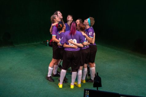 The cast of "The Wolves" howl as part of their team cheer during a tech run on Saturday, April 2 at City College's Jurkowitz Theatre in Santa Barbara, Calif. "The Wolves" follows the practice meets of a girls indoor soccer team and explores the distinct personalities and stories of the team members as they go through adolescence.