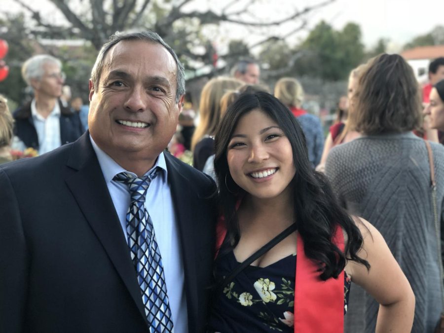 From left, Assistant Professor in Nursing David Martinez, who died on April 2, poses with his student Ruby Miranda at the pinning ceremony at City Colleges commencement in Santa Barbara, Calif. Courtesy of Sarah Orr.