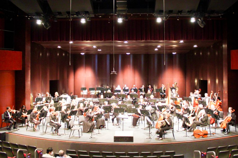 The City College community symphony orchestra gathers in preparation for their show on Sunday, April 24 at City College’s Garvin Theater in Santa Barbara, Calif. Each player on stage practices and tunes their instruments as the crowd awaits the performance.