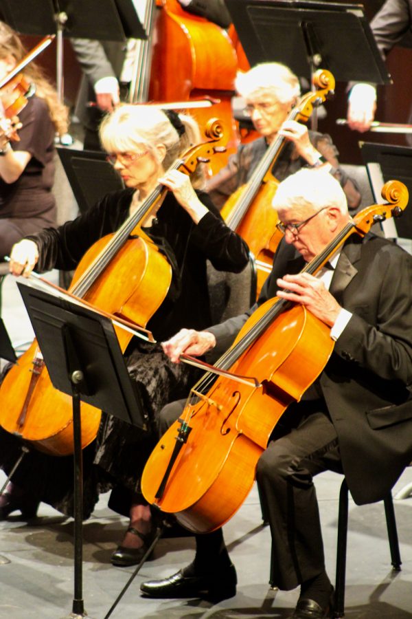 The cello section plays during the final performance of variations by Johannes Brahms on Sunday, April 24 at City College’s Garvin Theatre in Santa Barbara, Calif. City College's community symphony orchestra gave a chilling performance leaving the audience wanting more.