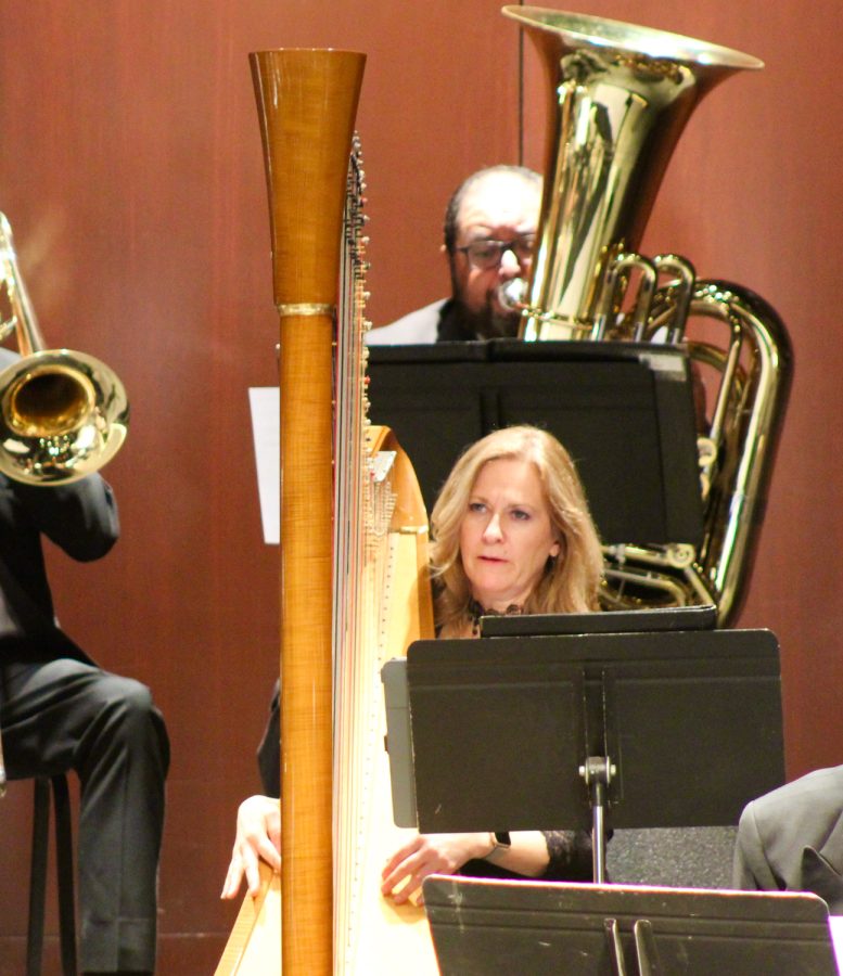 On the harp, Laurie Rasmussen serenades the audience during the SBCC Symphony's evening performance on Sunday, April 24 at the Garvin Theatre in Santa Barbara, Calif. 