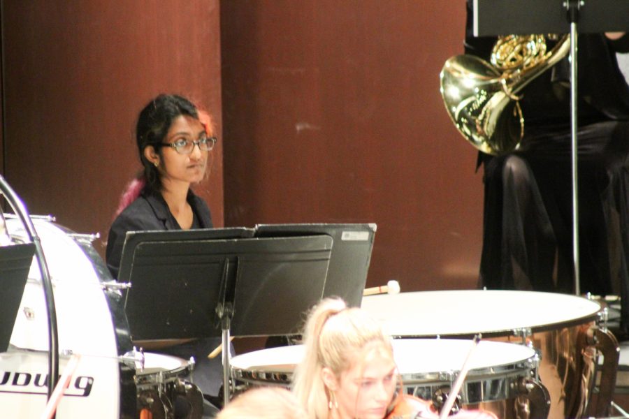 Vineeta Muthuraj plays the timpani, setting the rhythm for the City College community symphony orchestra on Sunday, April 24 at City College’s Garvin Theatre in Santa Barbara, Calif.