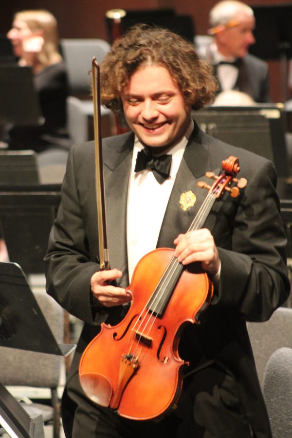 Moon Man Whitehead plays viola for City College community symphony orchestra during a performance on Sunday, April 24 at City College’s Garvin Theatre in Santa Barbara, Calif. 