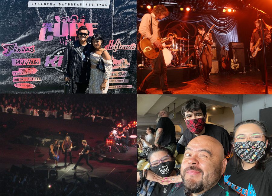 Clockwise from top left, Editor-in-Chief Rodrigo Hernandez and Sofia Alvarado at the Pasadena Daydream Festival, The Raconteurs at The Commodore Ballroom by Kris Krug, Features Editor Bianca Ascencio and her family at the Hella Mega Tour in Dodger Stadium and Metallica at The Forum by jondoeforty1.
