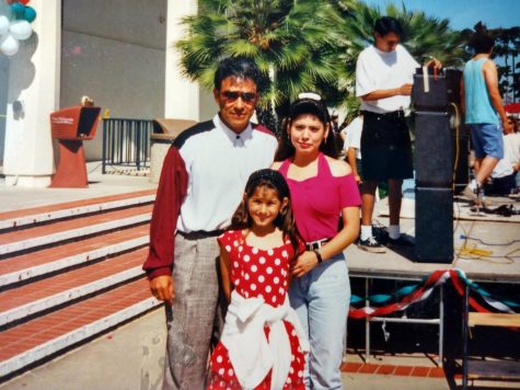 9-year-old Angelica Contreras pictured with her sister Hilda Gutierrez and Manuel Unzueta at a 1992 MECHA event in Santa Barbara, Calif. Courtesy of Contreras.