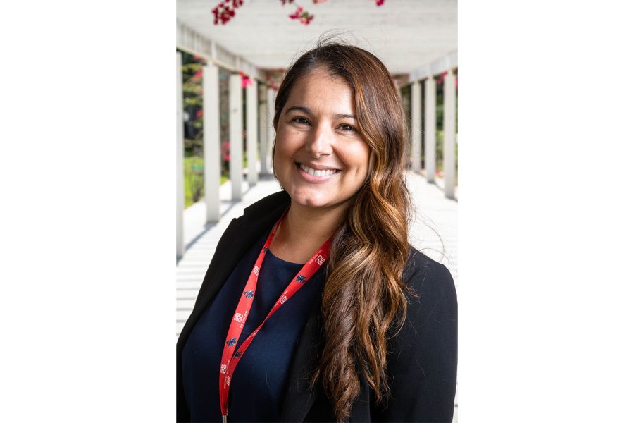 Interim Director of Admissions and Records Angelica Contreras underneath the veranda by the Student Services Building on Wednesday, April 27 at City College in Santa Barbara, Calif. Contreras has also taken on the role of overseeing the office of Dual Enrollment.