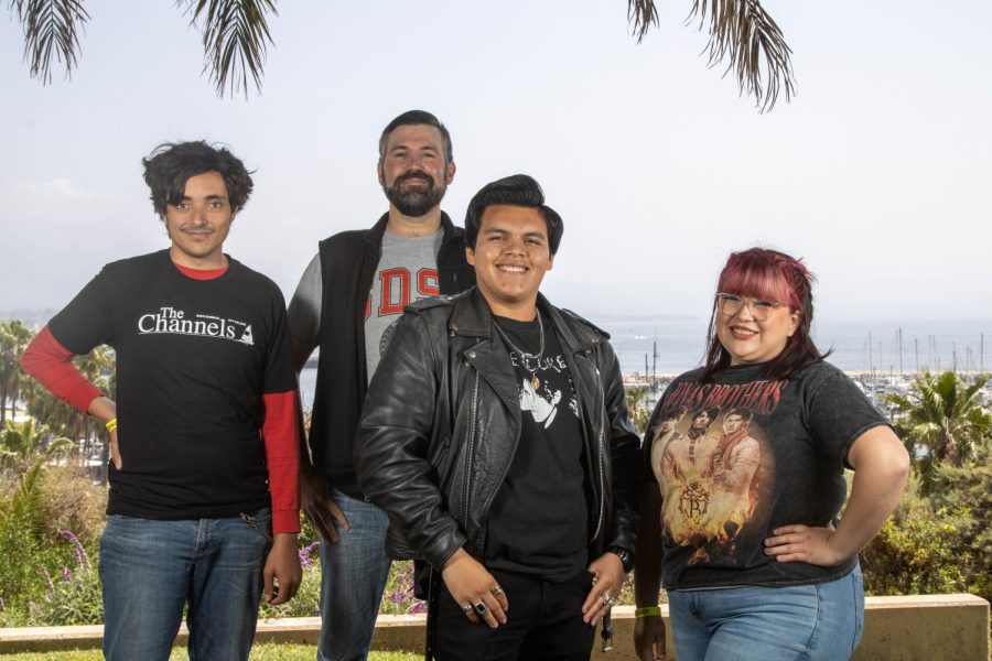 From left, Photo Editor August Lawrence, Sports Editor Eric Evelhoch, Editor-in-Chief Rodrigo Hernandez and Features Editor Bianca Ascencio on Wednesday, April 27 at the Winslow-Maxwell Overlook at City College in Santa Barbara, Calif. The Channels Editorial Board moves forward while looking back at the spring semester, with Ascencio returning as editor-in-chief for fall 2022.