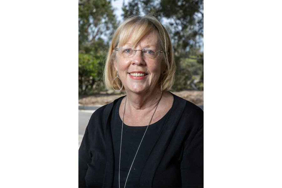 Interim Executive Vice President Kathy Scott in front of the Administration Building on Wednesday, April 27 at City College in Santa Barbara, Calif. Scott's term is ending this semester after coming to the college in the fall of 2021.