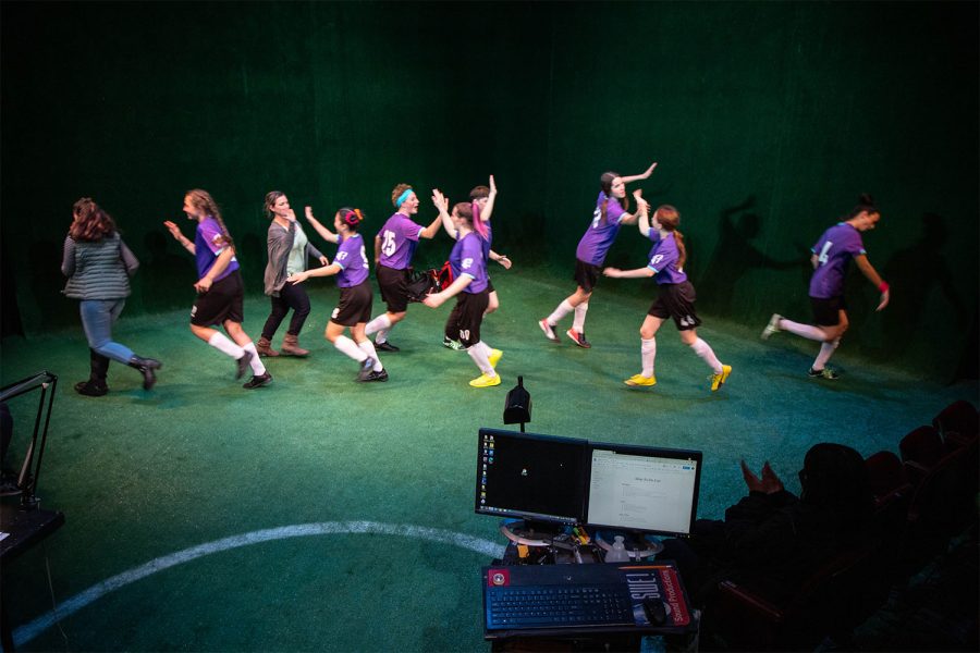 The cast of The Wolves runs and cheers at the end of practice on Saturday, April 2 at the Jurkowitz Theatre at City College in Santa Barbara, Calif. The Theatre Group at SBCC looks back upon their successful spring 2022 season.