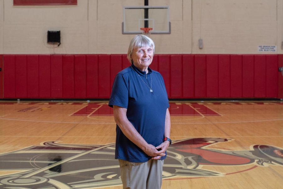 Associate Professor, Kathy O’Connor, photographed at center-court of the Sports Pavillion at City College in Santa Barbara, Calif. on Sept. 16. O’Connor was inducted into the Vaqueros Hall of Fame on Sept. 3.