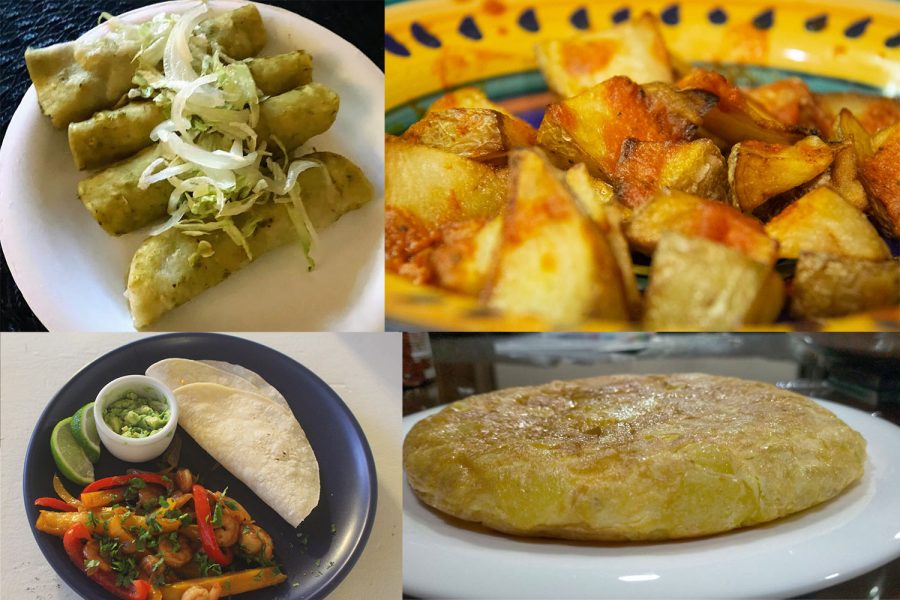 Clockwise from top left; Melissa Garcia’s four green salsa enchiladas stuffed with shredded chicken and mayonnaise, topped with lettuce and onion; Jenna McMahon’s patatas bravas, a traditional Spanish dish originated in Madrid and commonly found on tapas menus; Yarrow Hogan’s fajitas de camarones with guacamole, which she prepared for dinner with her roommates; Sunny Silverstein’s tortilla de patata made by her wonderful host family in Maguilla, Spain which is best served hot accompanied by fresh bread.