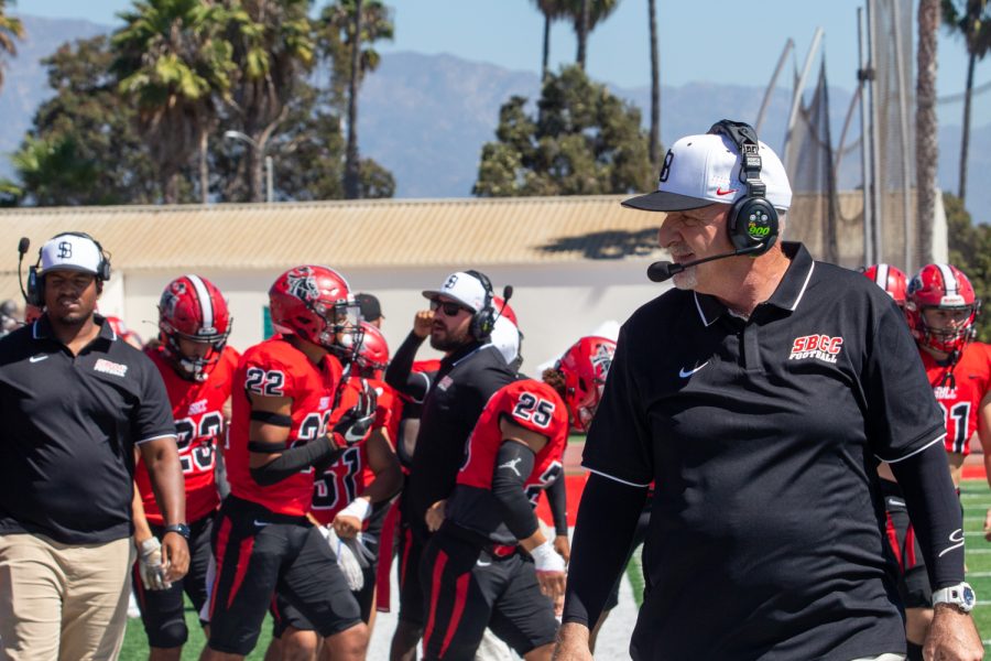 Head coach Craig Moropulos prepares for the game against LA Southwest to start on Saturday, Sept. 24, 2022 at La Playa Stadium in Santa Barbara, Calif. The Vaqueros won 86-0.