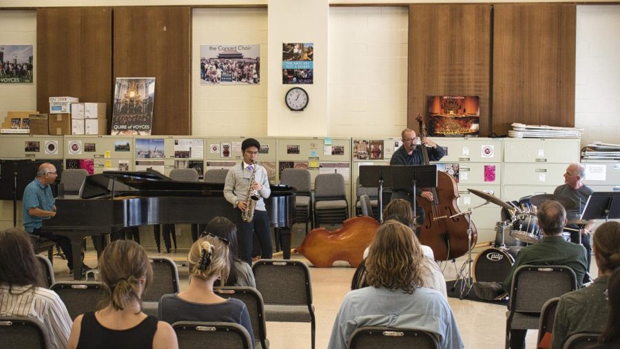 Saxophonist Julio Longcob performs Dizzy Gillespie’s “Groovin’ High” alongside the faculty jazz combo on Sept. 30 at the City College Music Building in Santa Barbara, Calif. The faculty combo supports the applied music students and consists of SBCC instructors Dave Campos (piano), Ralph Lowi (bass), and Ed Smith (drums).