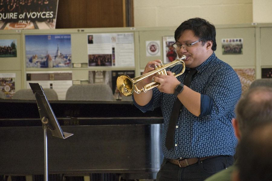 Applied music student Jay Real performs “Concone Lyrical Study #15” for trumpet by Giuseppe Concone on Sept. 30 at the City College Music Building in Santa Barbara, Calif. Real receives weekly private lessons with SBCC faculty as a part of the applied music program.