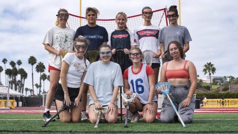 The women’s lacrosse team stands in front of a goal on Oct. 1 at La Playa Stadium in Santa Barbara, Calif. The top row (from left) consists of Kia Kofoed, Taylor Ortiz, Ally Brubaker, Riley Sanchez, and Sabrina Forbes. The bottom row (from left), includes Paris Lisi, Maya Sordoillet, Erica Kunzmann, and Sydney Bascom.
