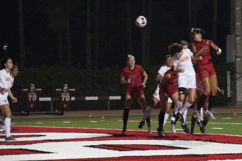 Forward, No.11, Theresa English headers a corner kick towards Ventura College Pirate’s goal on Sept. 30 at La Playa Stadium in Santa Barbara, Calif. English led many of the Vaquero’s attacks and provided an assist in the first goal of the game.