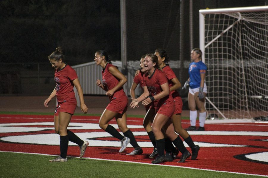The Vaqueros celebrated the end of the first half with their second goal of the game on Sept. 30 at La Playa Stadium in Santa Barbara, Calif. Midfielder No. 6 Hannah McLain led the charge and scored to put the Vaqueros ahead 2-1.