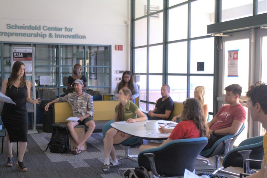 Becky Bean, the Student Program Advisor at The WELL, addresses attendees of a Passion Project Power Hour on Sept. 23 at the Scheinfeld Center for Entrepreneurship & Innovation in Santa Barbara, Calif. Bean discussed the importance of self-care, and informed attendees of resources available at The WELL.