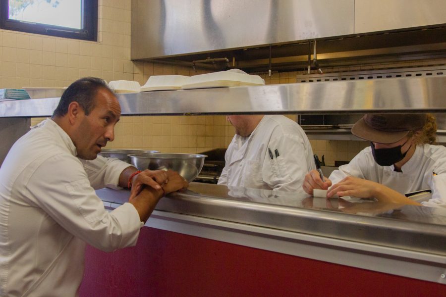 Roberto Lopez Carrillo giving orders to student Katie Wiest at the JSB cafe on Tuesday, Oct. 18 in Santa Barbara, Calif. The JSB cafe is operated by the culinary arts students and open from Monday to Thursday from 11 a.m. to 2 p.m.