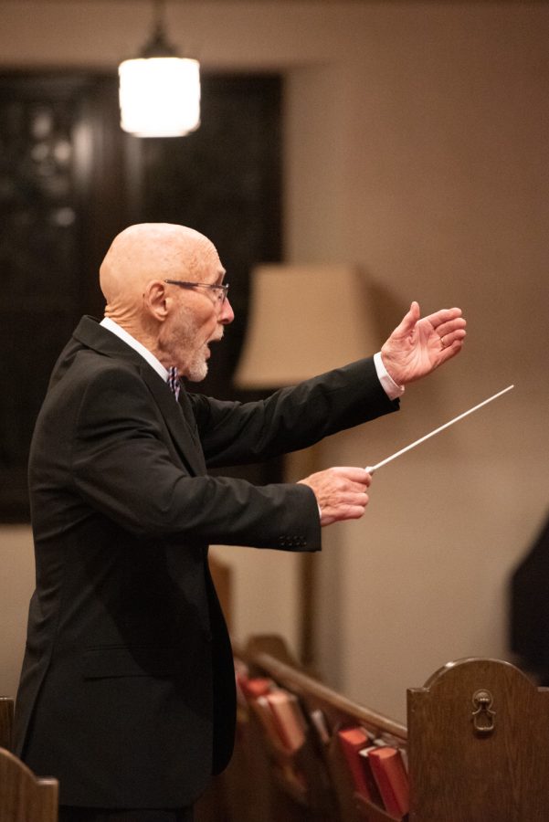 Dr. Charles H. Wood III gestures energetically as he conducts his Fanfare for America on Nov. 6 at First United Methodist Church in Santa Barbara, Calif. Wood’s composition included several references to classic American songs that synthesized into a comprehensive brass fanfare.