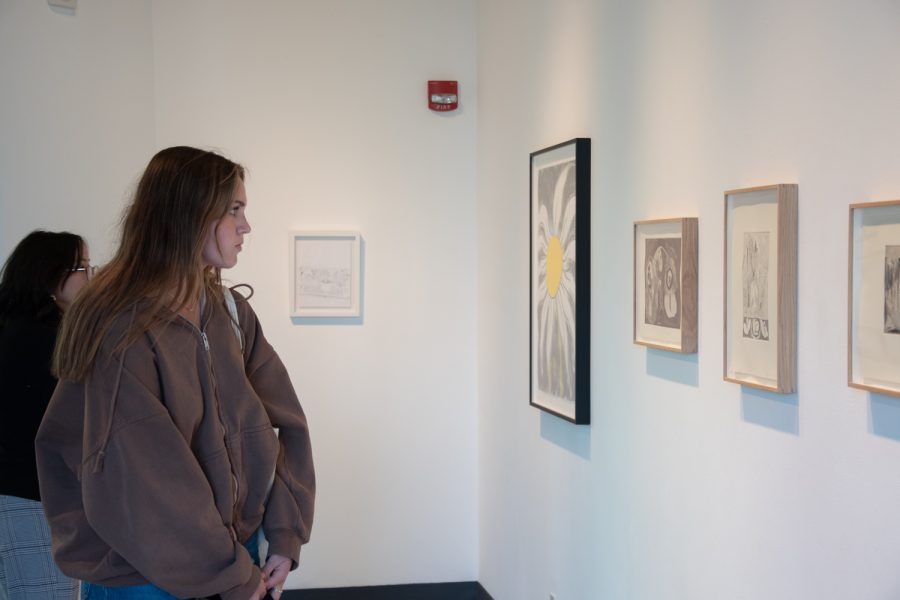 English Major Ali Korahais inspects “Legato” by Mimi Lauter (2019) on Nov. 3 at the Atkinson Gallery in Santa Barbara, Calif. Korahais was one of many City College students engaging with the new “Works on Paper” art installation.