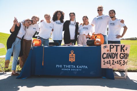 Members of the Phi Theta Kappa chapter, from left to right Asiana Weddington, Carys Goldsmith, Emelie Beckman, Maya Brundage, Nadia Shahbaz, Emili Sasaki, Jan Kamillo Kreitzberg and Giorgi Isakadze on Oct. 26 at the West Campus Meadows selling Halloween candy grams. “It was a beautiful sunny day in front of the campus lawn, we were chatting to passing students and amongst ourselves, and there was plenty of candy involved,” Terry Tang wrote. “Honestly, what more could anyone ask for? Slick matching t-shirts?!”