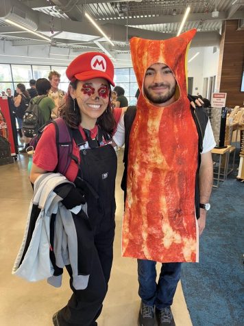 Vanessa Santillan and Nick Hernandez on Oct. 27 at the campus bookstore dressed up in their Halloween costumes. “I had a great time running around campus as a slice of bacon and seeing all of my friends get their faces painted,” Hernandez wrote.