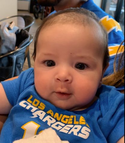 Professor Eiko Kitao’s 4-months-old grandson Oliver Okpysh on Sept. 25 at his first San Diego Chargers game at SoFi Stadium in Inglewood, Calif. According to Kitao, he is a third generation Chargers fan in her family.
