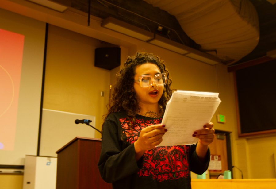 Britt Martinez-Hewitt, leader of the Wellness in Words workshop run by Art with Impact, reads student poems in front of the audience who wrote three poems throughout the two hour workshop. Students volunteered to share their poems and Martinez-Hewitt read aloud the works of expression on Wednesday, Nov. 16 at City College in Santa Barbara Calif.