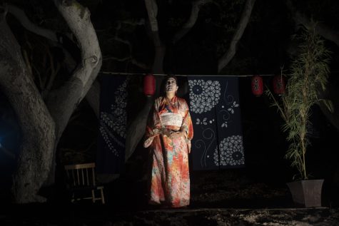 Yuko Matsumura (played by Deborah Cristobal) recounts the story of immigrating to Santa Barbara in 1918 as a Japanese picture bride at the “Ghosts Along the Coast” show on Oct. 13 in Santa Barbara, Calif. Audiences rotated in groups throughout the night to witness Cristobal’s poignant performance.