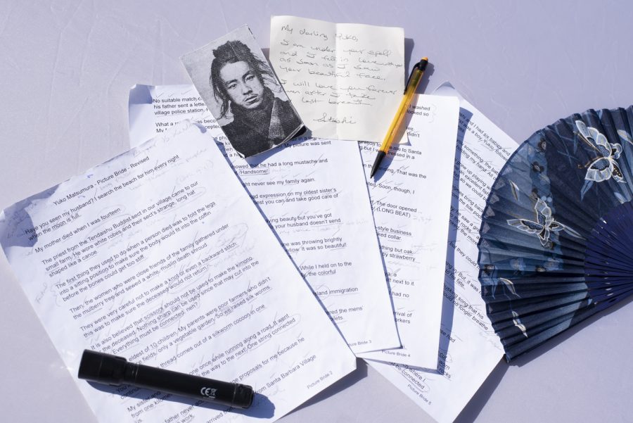 Photographed on Oct. 27 in Santa Barbara, Calif. are the script and props used by Deborah Cristobal to prepare for her role as Yuko Matsumura in the “Ghosts Along the Coast”. Meticulous notes on articulation and inflection fill the pages of her fully-memorized script.