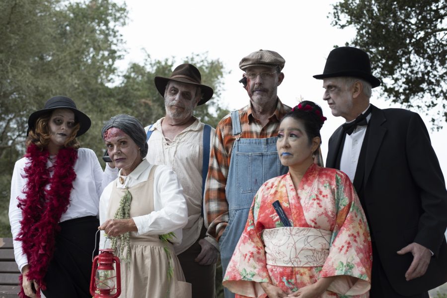 Actress Deborah Cristobal lines up with her fellow ghosts (from left) Nicole Iaquinto, Karen Dalton, Patrick Turner, Kirk Martin, and Alfred Smith before their premiere show on Oct. 13 at Elling’s Park in Santa Barbara, Calif. Each of their performances recounted the stories of real figures from Santa Barbara’s history, bringing the city’s rich history back to life.
