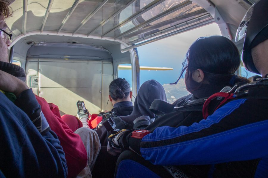 All the skydivers getting ready to jump off the plane on Nov. 20 at Skydive Santa Barbara in Lompoc, Calif. In free fall instructors and their jumpers are falling at a rate of about 120 mph.