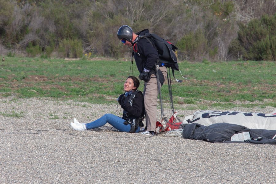 Vanessa Mora(left) completes her first skydive with instructor Tom Pecharich(right) on Dec. 5 at Skydive Santa Barbara in Lompoc, Calif. Mora and her friends are visiting the U.S. from Columbia.