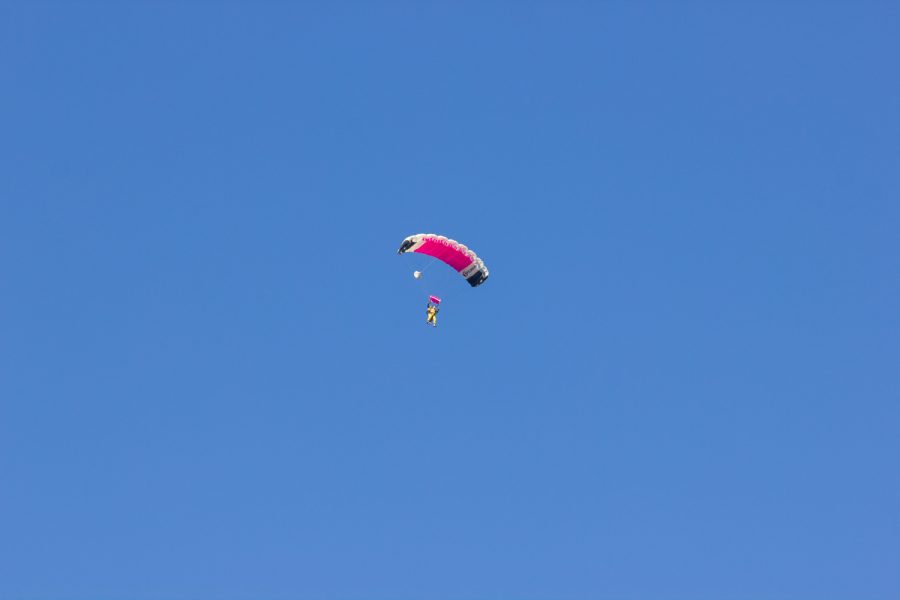 Tandem skydiving instructor Tom Pecharich and his jumper floating down towards the dropzone on Nov. 20 at Skydive Santa Barbara in Lompoc, Calif. If one is lucky their instructor may let them pilot the parachute during their descent.