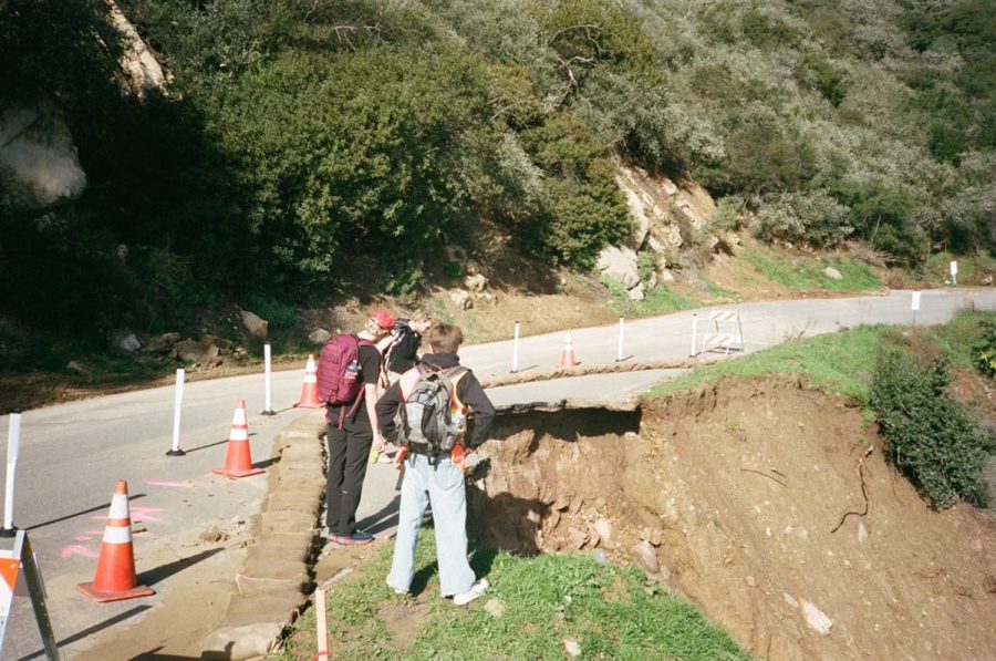 Photograph courtesy of Robby Moore. This photo captured the first damaged section of the road about two miles above the intersection of El Cielito Rd and Gibraltar Rd in Santa Barbara, Calif.