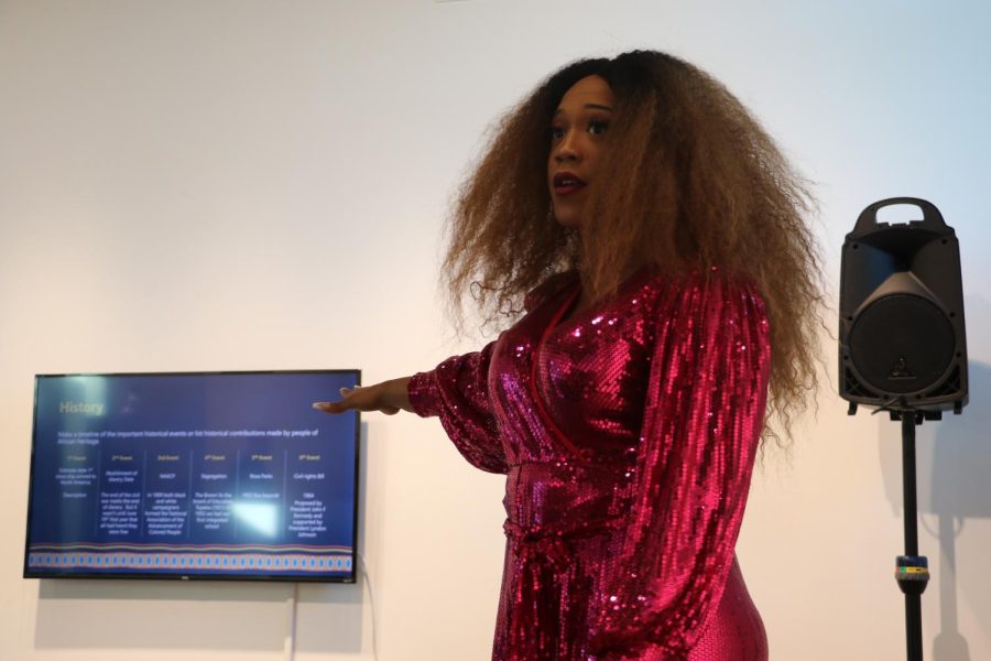 Vivian Storm gestures to her Black History Month presentation on Jan. 30 in Santa Barbara, Calif.