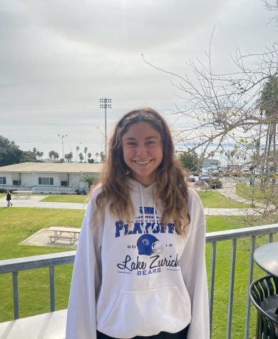 Sofia Stavins was doing homework outside on East Campus when her friend Lauren Venhaus told her to smile for a photo on Feb. 15 in Santa Barbara Calif.